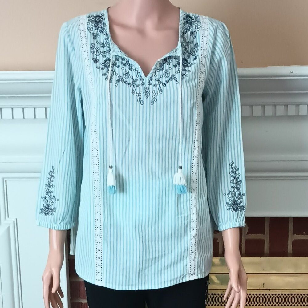 Bob Timberlake Stripe Embroidered Top S Blue White Peasant Crochet Trim Tunic
